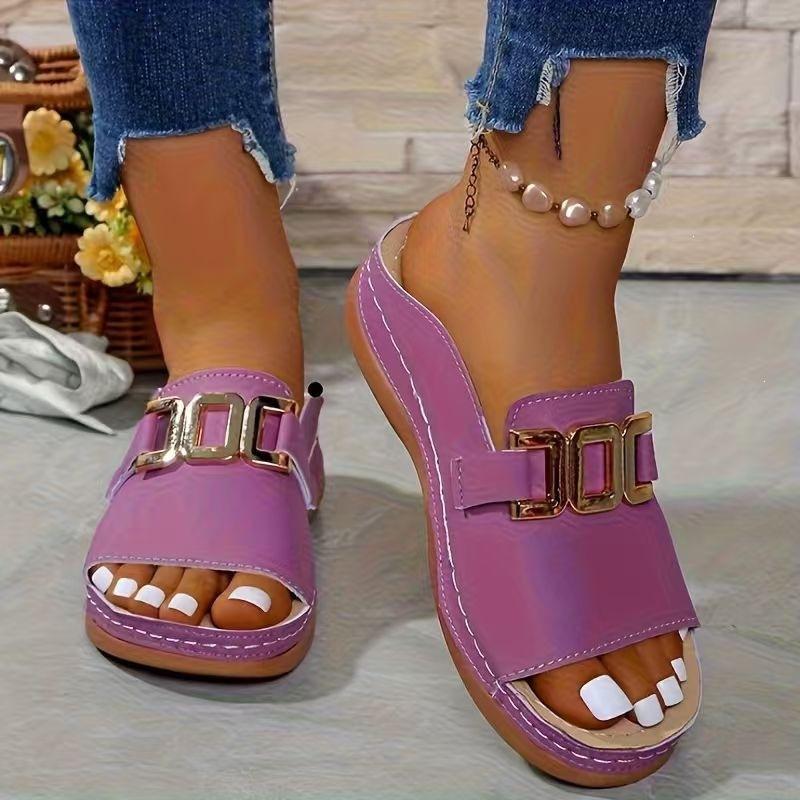 Sandali Donna Fibbia Metallica Punta Aperta Zeppa Suola Spessa Pantofole Taglie Forti Scarpe Casual Semplici