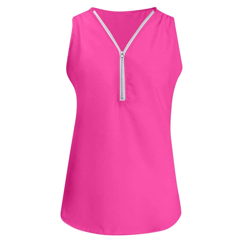 Women‘s Zipper V-Neck Sleeveless Casual Solid Tops  Blouse Loose Vest T-Shirts