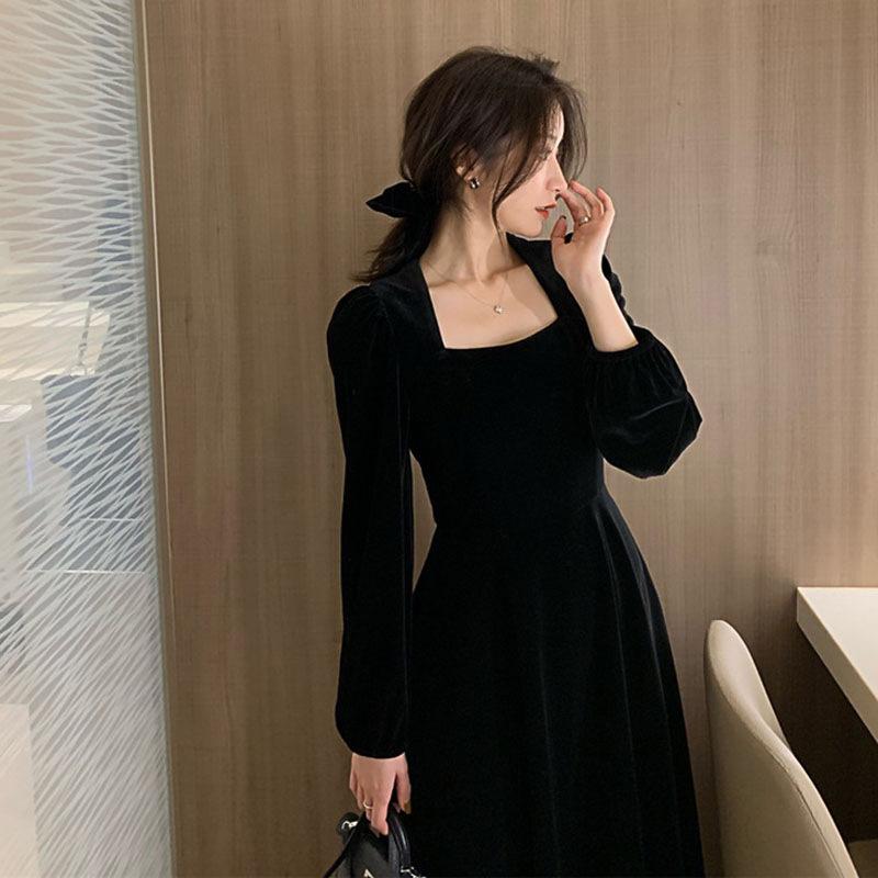 Autumn and winter new sexy square collar a word bottom long dress women s bubble sleeves black velvet long-sleeved dress S