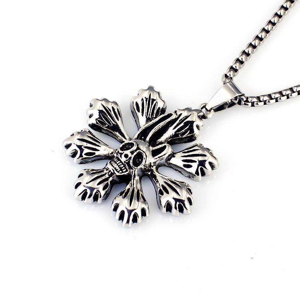 Titanium Steel Flower Skull Pendant Punk Necklace Retro Trendy Men's Skull Flower Necklace