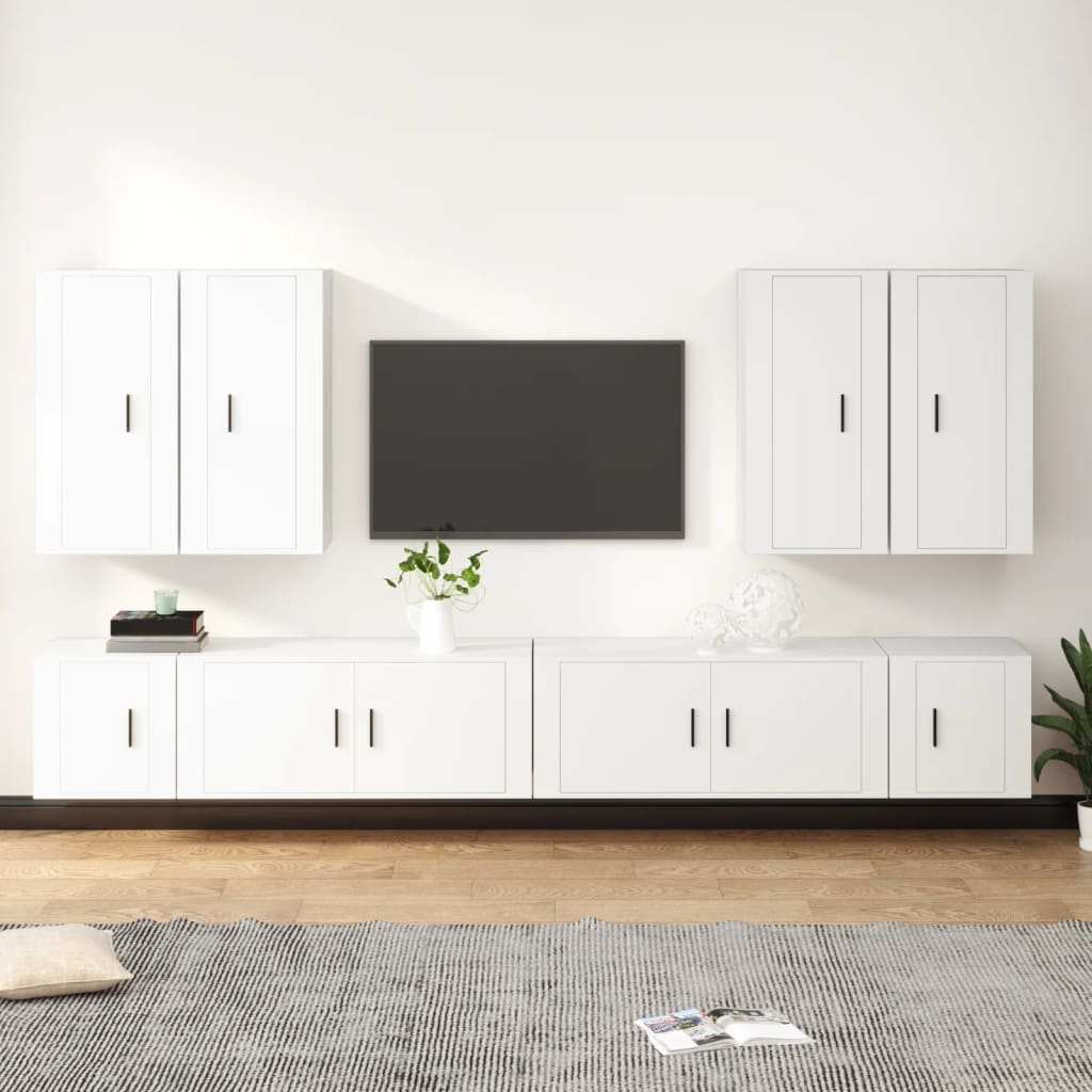 8 pc TV Cabinet Set White Particleboard