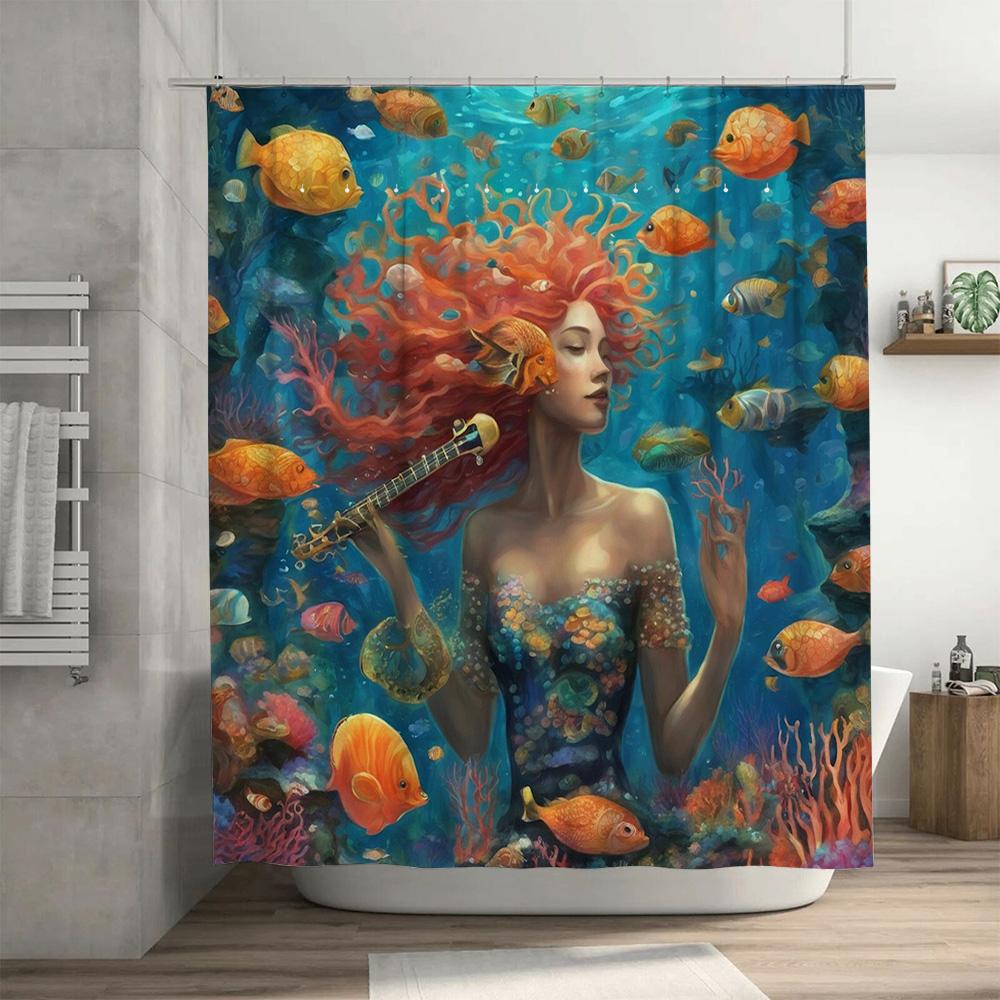 UnterwassersinfonieFrauen mit langem fließendem Haar spielen Gitarre in einem künstlerischen Duschvorhang-Set Dekorative wasserdichte Badewanne