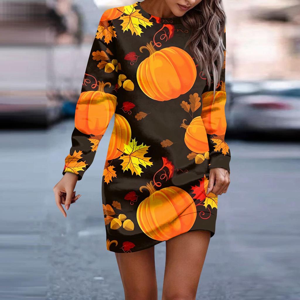 Damska sukienka z okrągłym dekoltem i nadrukiem na Halloween, z długim rękawem i biodrami, bluza z kapturem