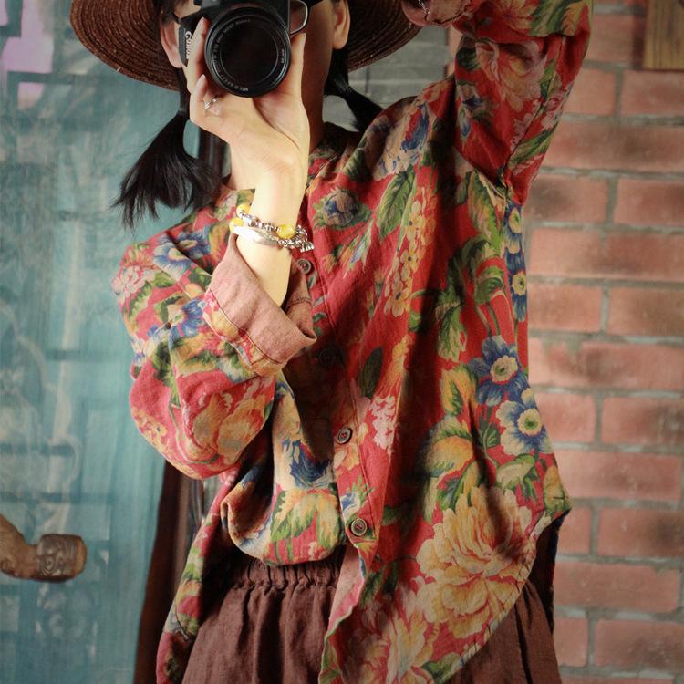 Retro Floral Double Layer Cotton Gauze Loose Fit Shirt - 1962 Yan Qing