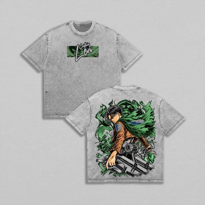 Attack On Titan Levi Print T-shirt Men Women Tshirts Short Sleeve Cotton Clothing Vintage Washed T Shirt Casual Loose Streetwear