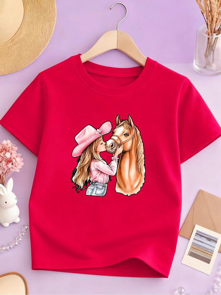 Cowgirl Kiss Horse Western Style Print Kids T Shirt Boys Girls Polyester Short Sleeve Parent Child Elegant Animal Summer Casual Tee