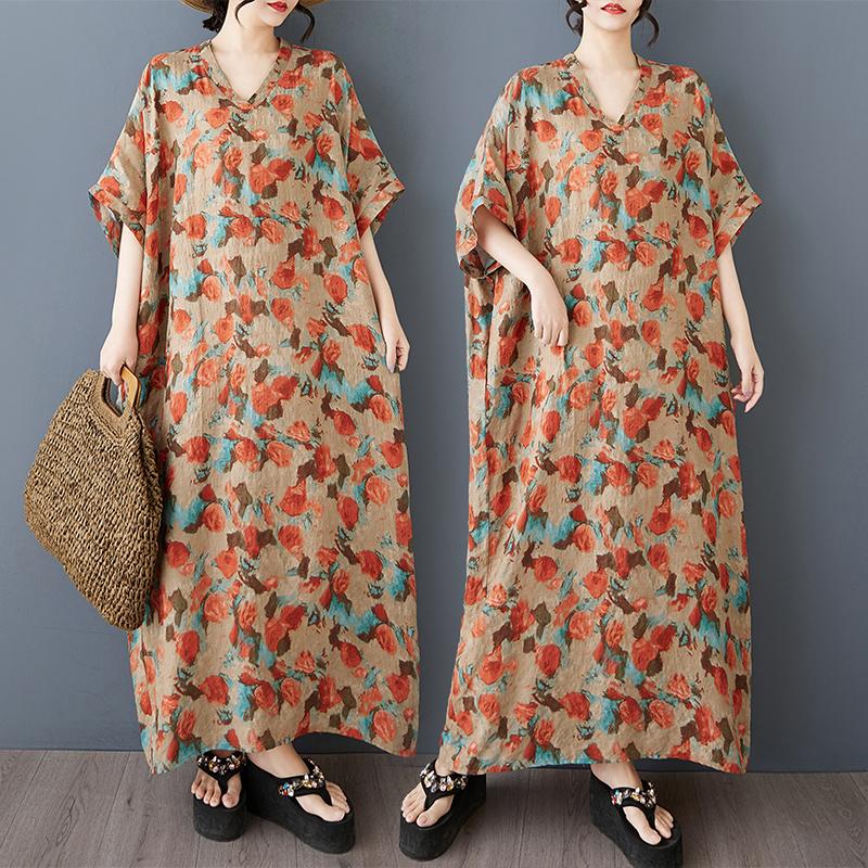 DIMANAF 2025 Sommer Damen Druck Übergröße Langes Leinenkleid Kurzarm Vintage Casual V-Ausschnitt Basic Lockeres Kleid