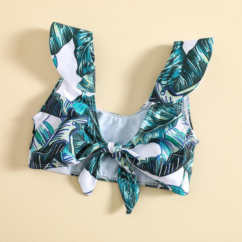 Girls' Green Leaf Print Two-Piece Bikini Set with Sun Protection