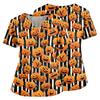 Women V Neck Short Sleeve Scrub Top with Halloween Pumpkin Print Side Slit and Pockets for Uniform