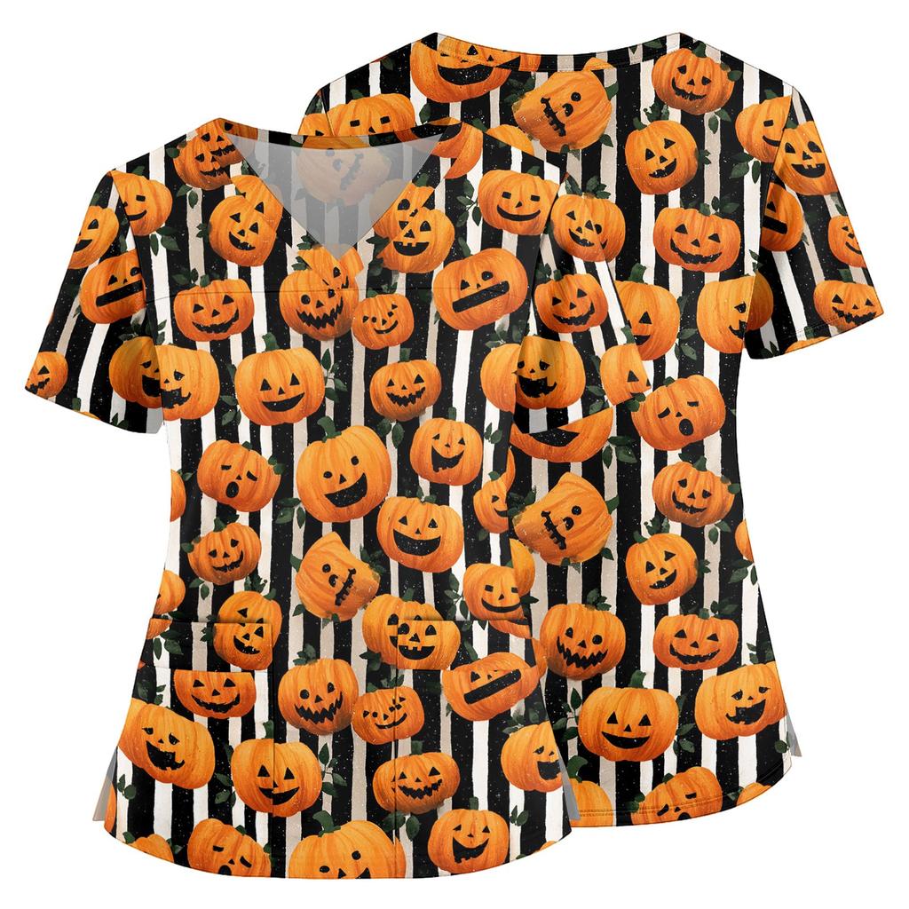 Women V Neck Short Sleeve Scrub Top with Halloween Pumpkin Print Side Slit and Pockets for Uniform