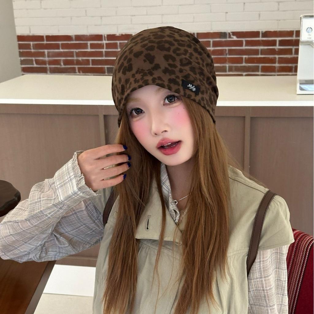 American retro leopard print stack hat female early autumn lazy casual face small cold hat big head circumference bag head pullover hat