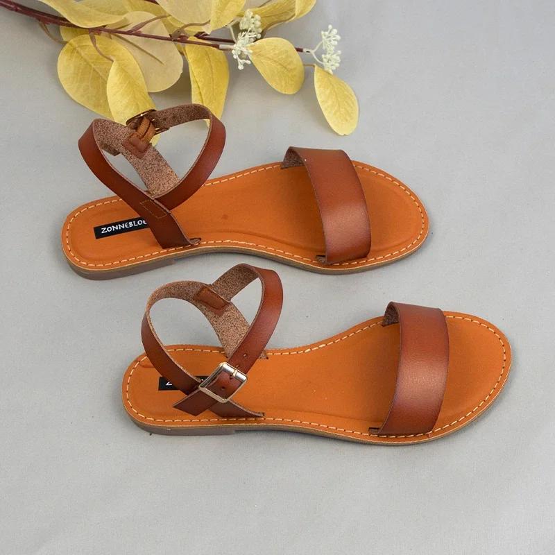 Fashion Women Flat Sandals 2025 Buckle Woman Summer  Shoes Retro Solid Round Toe Comfort Casual Beach Footwear Red Yellow Large Size