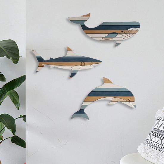 3 Stück Holzfisch Wanddeko Rustikaler Walhai Delfin Strand Küsten Wandkunst Nautische Wandbehang Skulptur für Badezimmer Seehaus Dekor