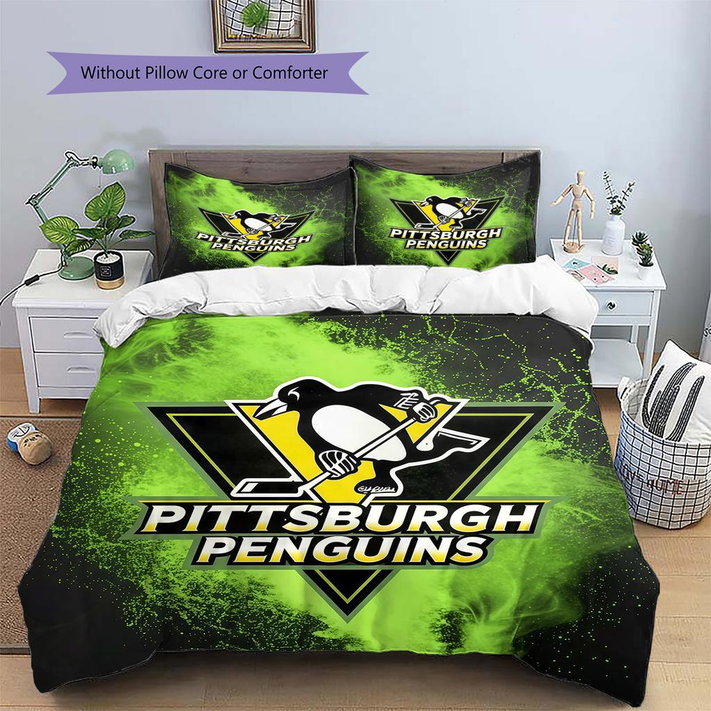 Pittsburgh Penguins Pattern Bedding Quilt Set Home Decoration Gift (1 * Duvet Cover + 2 * Pillowcase Without Core)