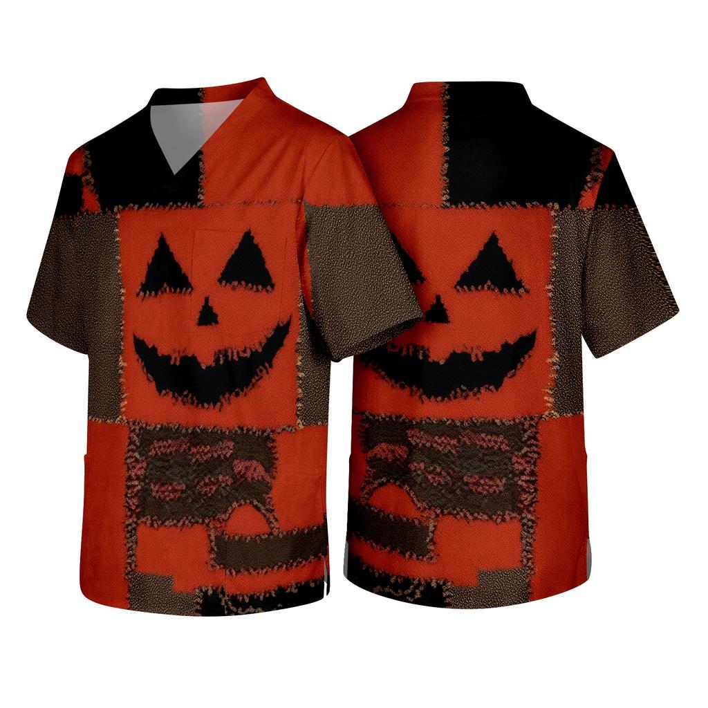 Men's Short Sleeve V Neck Halloween Print Medical Scrub Top with Chest Pocket Comfortable Fit Durable Fabric Suitable for Healthcare Professionals