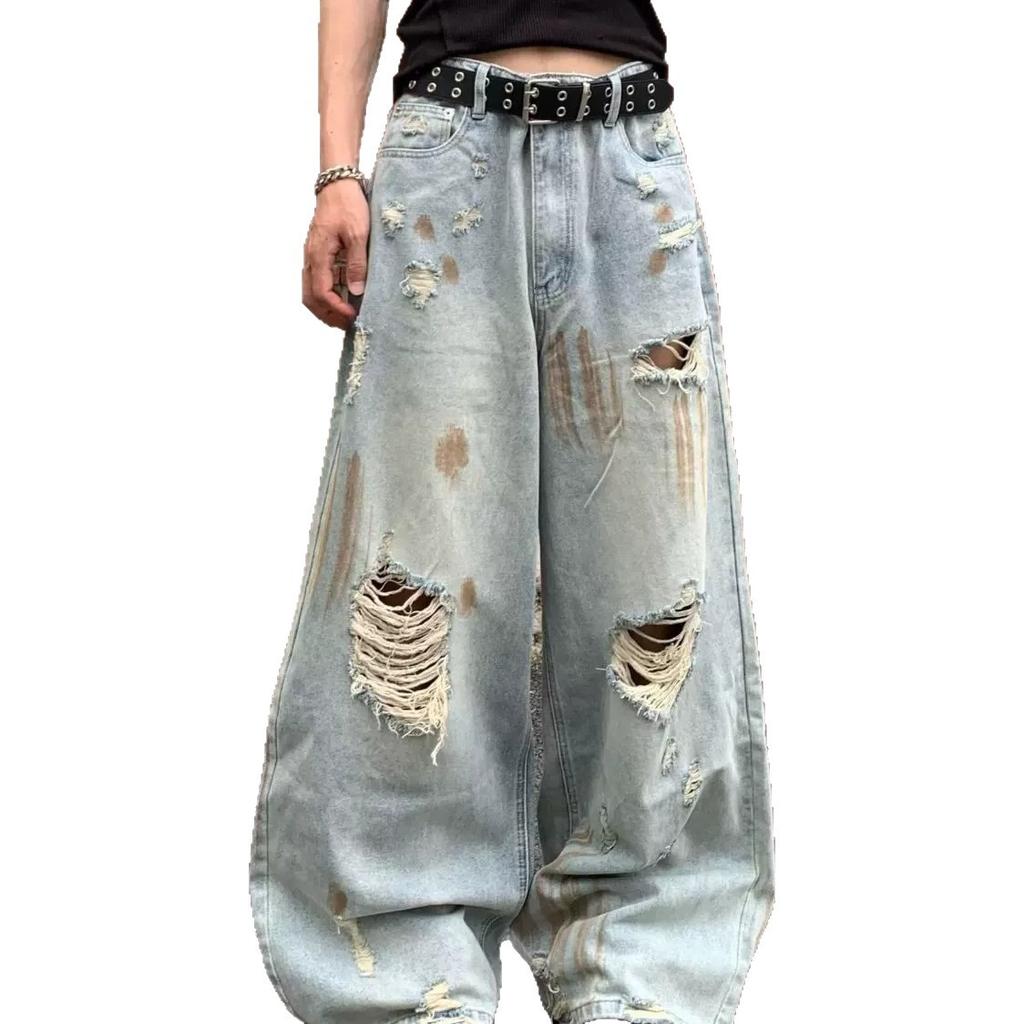 American Street Washed Old Ripped Jeans Men's Loose Straight Wide-leg Pants Vibe Tie-dye Heavy Casual Pants