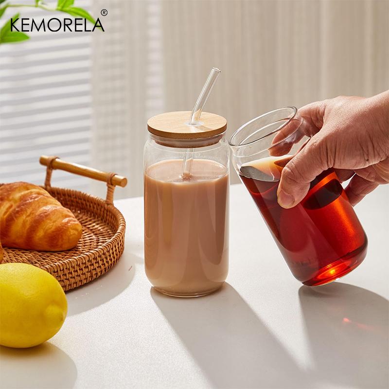 1/4PCS 400ML Glass Cup With Bamboo Lids and Glass Straw Cleaning Brush Beer Can Shaped Tumbler Cup for Cocktail Iced Coffee Cups