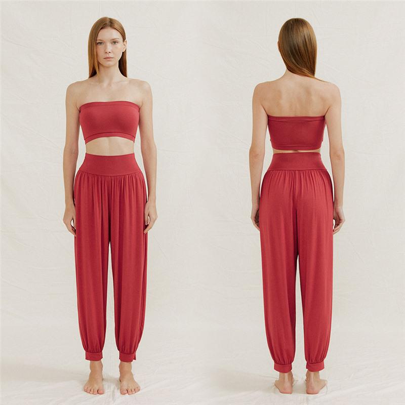 

2024 Off-Shoulder Solid Color Yoga Set: High-Waist Bandeau Top & Long Pants, Two-Piece Medium