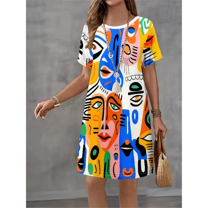 Vintage Flower Print Pattern Design Sense Pattern Women Dress Summer Elegant Women A-Line Dress Casual Short Sleeve Mini Dress