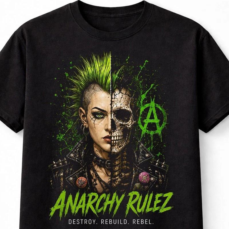 Anarchy Rulez Punk Mohawk Skeleton Rebel Skull Art Unisex TShirt S