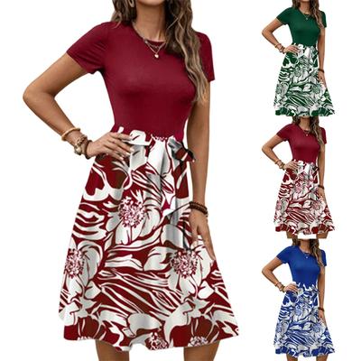 Women's Fashionable Retro Patterned Printing Color Blocked Belt Casual Dress