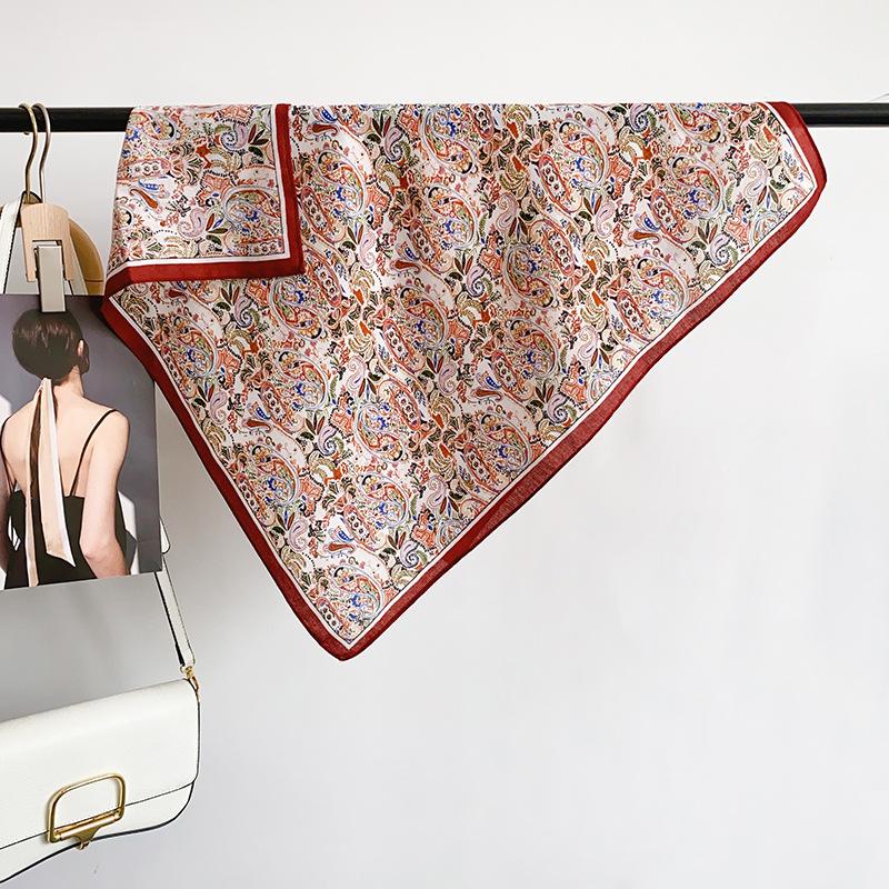 French retro floral small silk scarf women's professional decorative scarf cotton and linen small square scarf dual-purpose shawl outer scarf