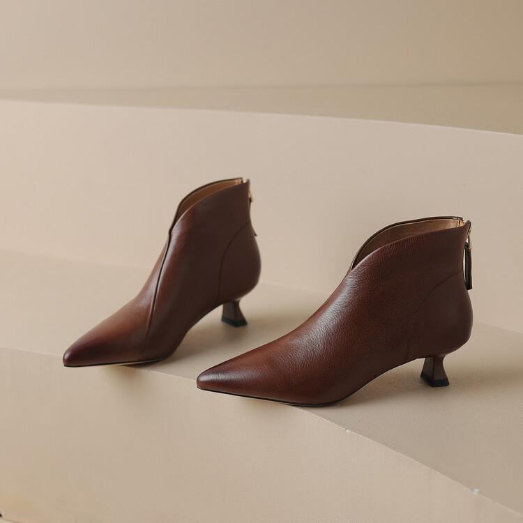 Fashion V-mouth Ankle Boots for Women Elegant Pointed Toe Thick Middle Heels Women's Shoes Brown Black Retro Soft Leather Chelsea Botas