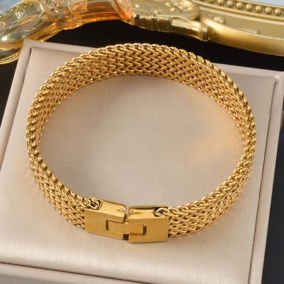 Bracelet Chaîne Maille Large en Acier Inoxydable pour Homme Plaqué Or Bracelet Manchette Motif Tressé Bijoux Style Italien de Luxe Cadeau Saint-Valentin