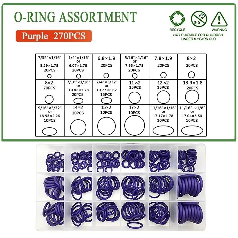 270Pcs NBR O-Ring Assortment Kit Nitrile Rubber High Pressure O-ring Seal Kit Valve CS 1.78mm~3.53mm OD 5.29mm~17.17mm Purple
