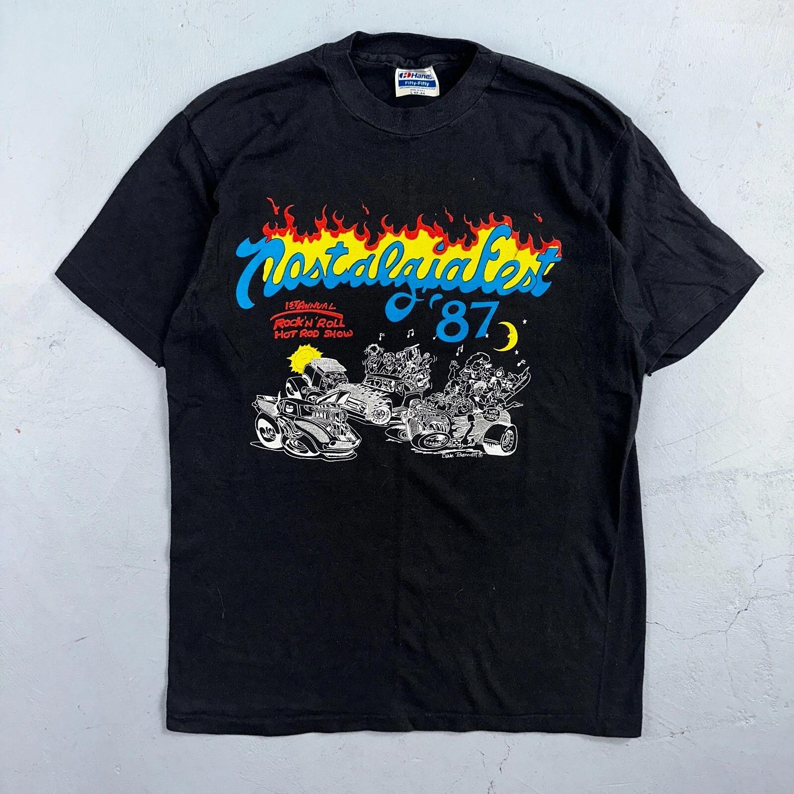 

Rock N Roll Flames 80s Hanes VTG T Shirt Nostalgia Fest Hot Rod Cars 1982 Art L XL