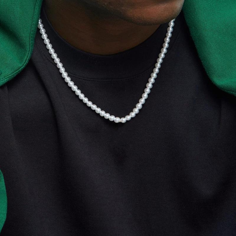 Men's Single Layer Pearl Necklace - Round Beaded Stainless Steel Clavicle Chain
