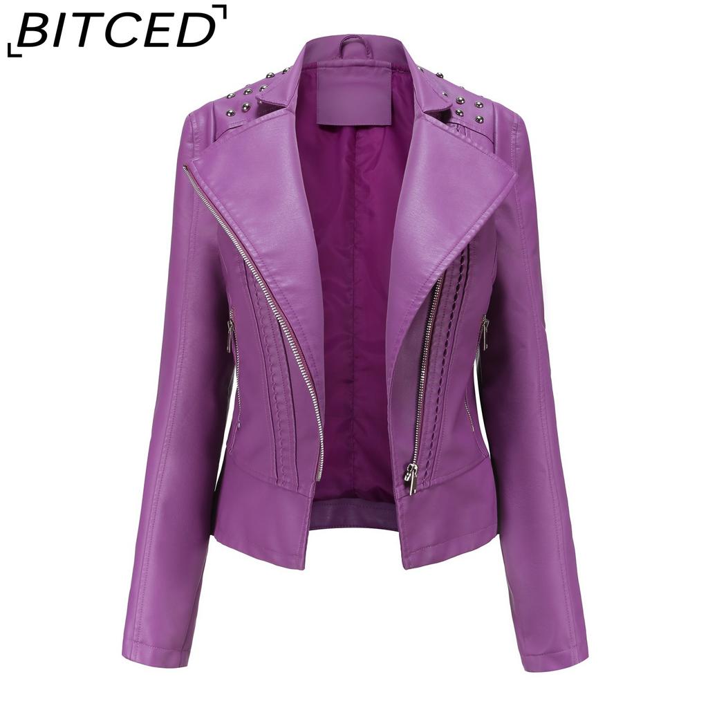 BITCED Spring/Autumn Women's Leather Jacket Slim-Fit Lightweight Short Jacket Biker Jacket