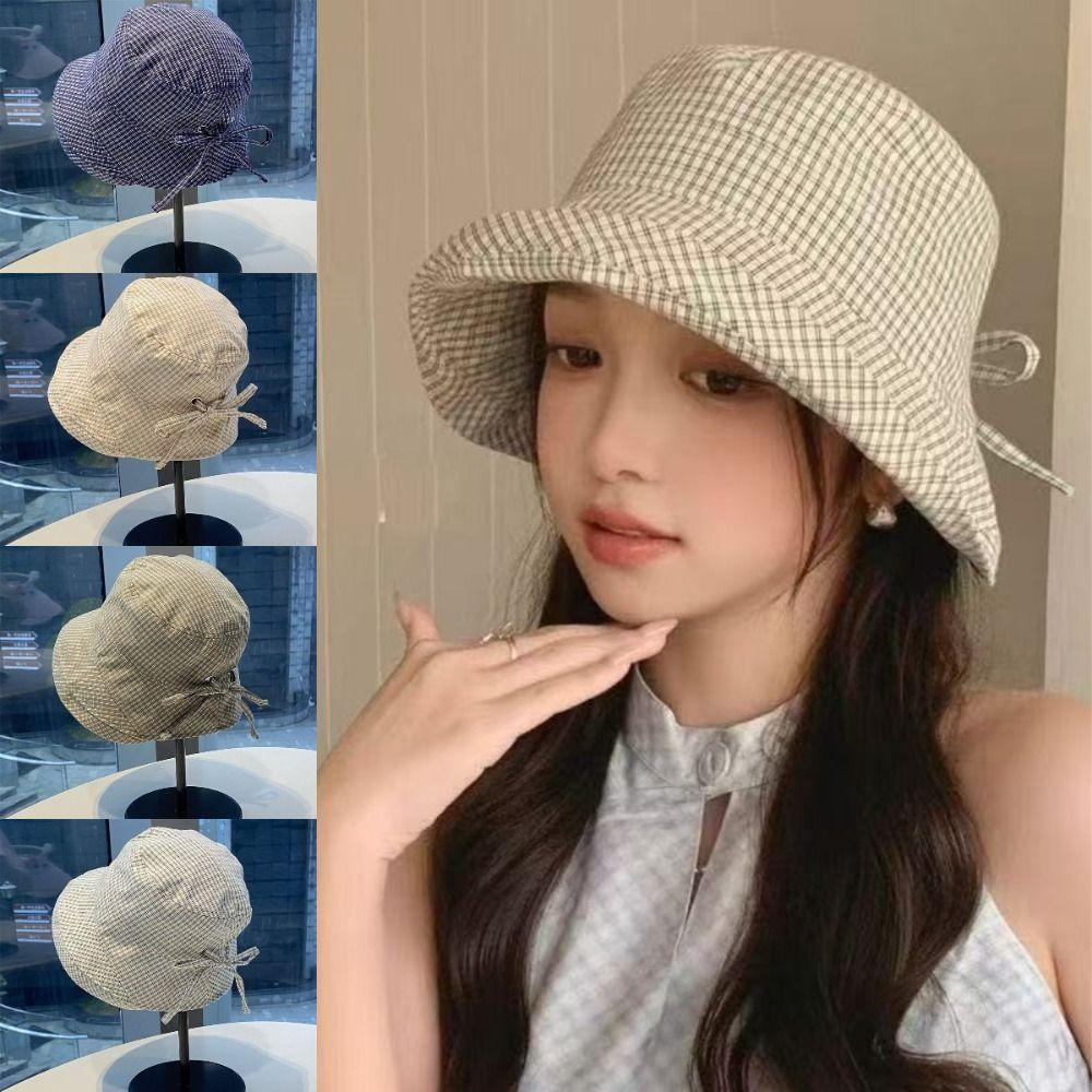 Korean Style Wide Brim Bucket Hats Summer Sunshade Basin Caps Plaid Bucket Hats  Sun Protection