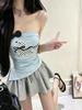 #Summer new pure desire style cartoon printing splicing bow tube top slim fit fixed with chest pad