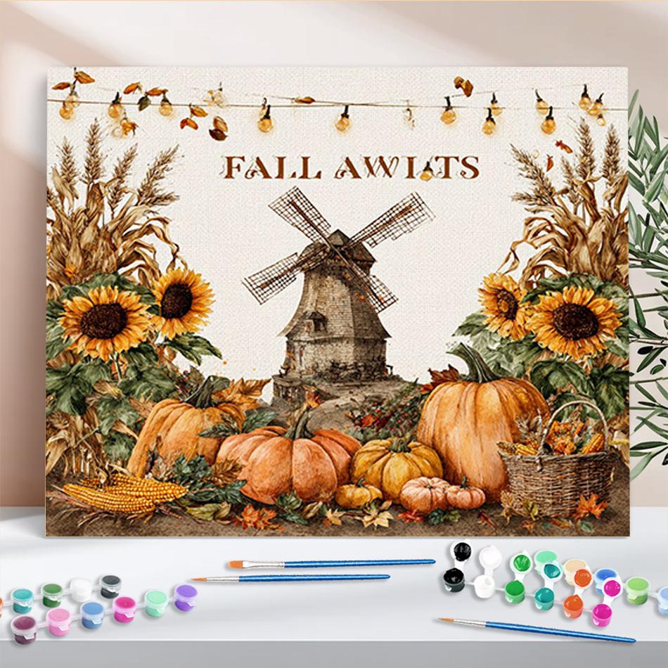 1pc Diy Paint By Numbers Kit Pumpkin Sunflower Windmill Halloween Gift Unique Diy Gift For Home Furnishing Decoration 40x50cm/16x20inch Without Frame