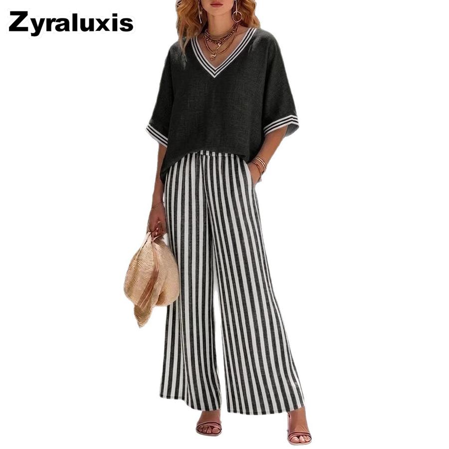 Women's V-Neck Top & Straight Leg Striped Casual Pants Set