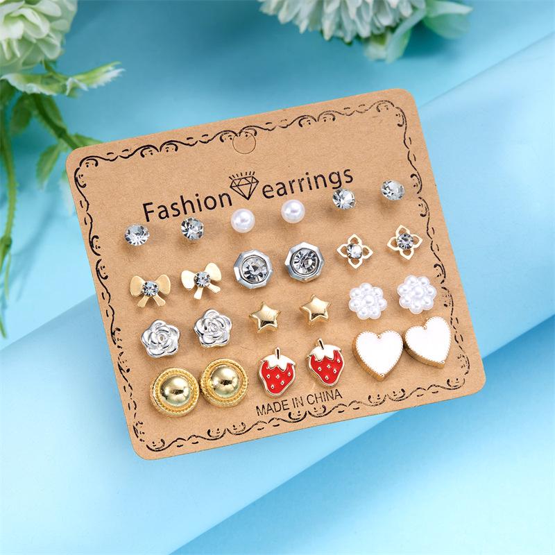 European & American Gold Fashion 12-Pair Rhinestone Stud Earring Set: Hearts, Feathers, Figure 8, Stars