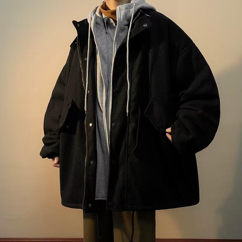 

Hong Kong Style Men s Woolen Coat - Trendy Loose Fit Hooded Cotton Jacket, Warm and Padded for Winter Large чорний