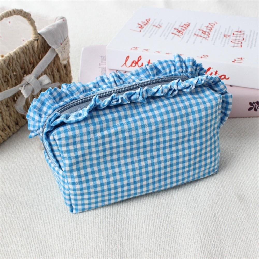 Gingham Plaid Ruffle Edge Makeup Bag Large Capacity Toiletry Bag Plaid Pattern Cosmetic Bag  Travel