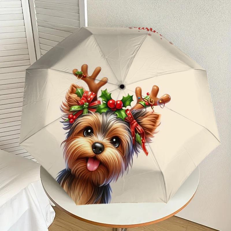 

1pc Christmas Yorkshire Terrier with Antlers Umbrella with Plastic Handle,Suitable for All Seasons Home Travel Outdoor UmbrellaDD234