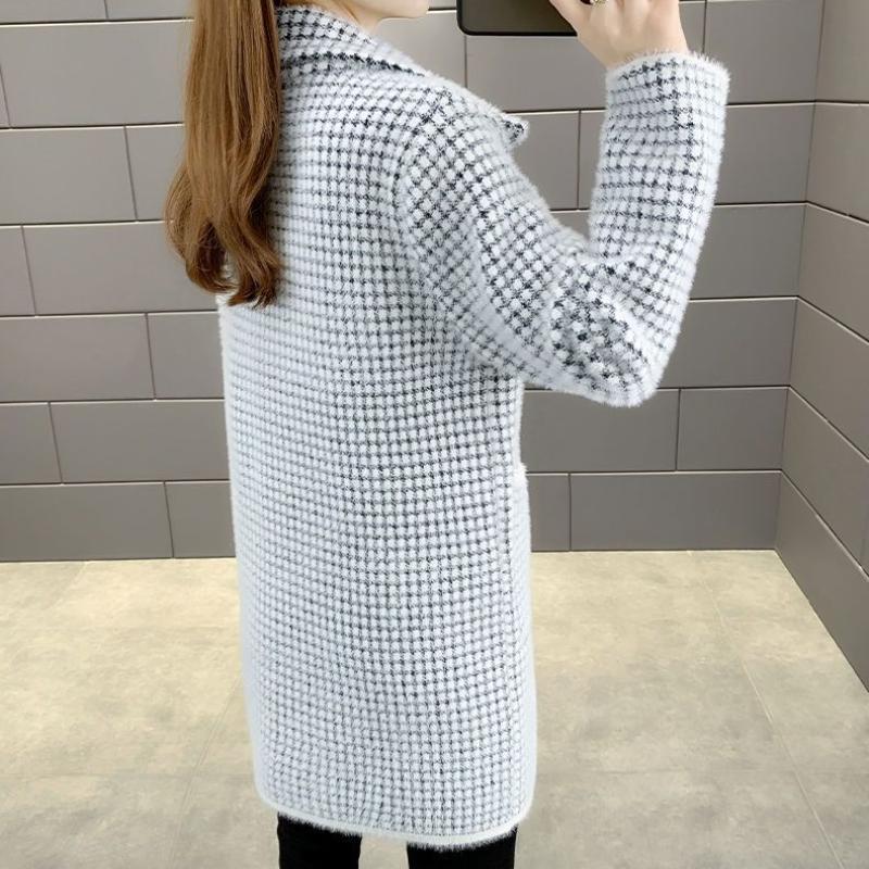 Damen Karierter Langer Mohair Cardigan Mantel Herbst Nerzstrickjacke