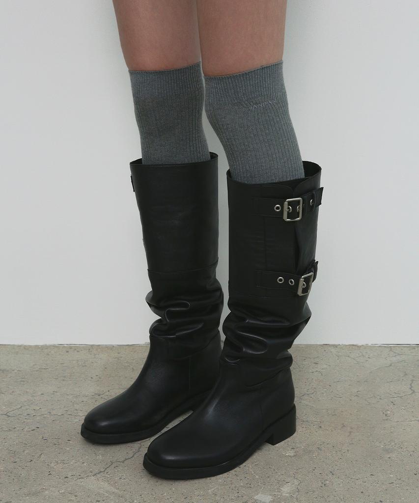 Sandric Leather Buckle Long Boots_Black