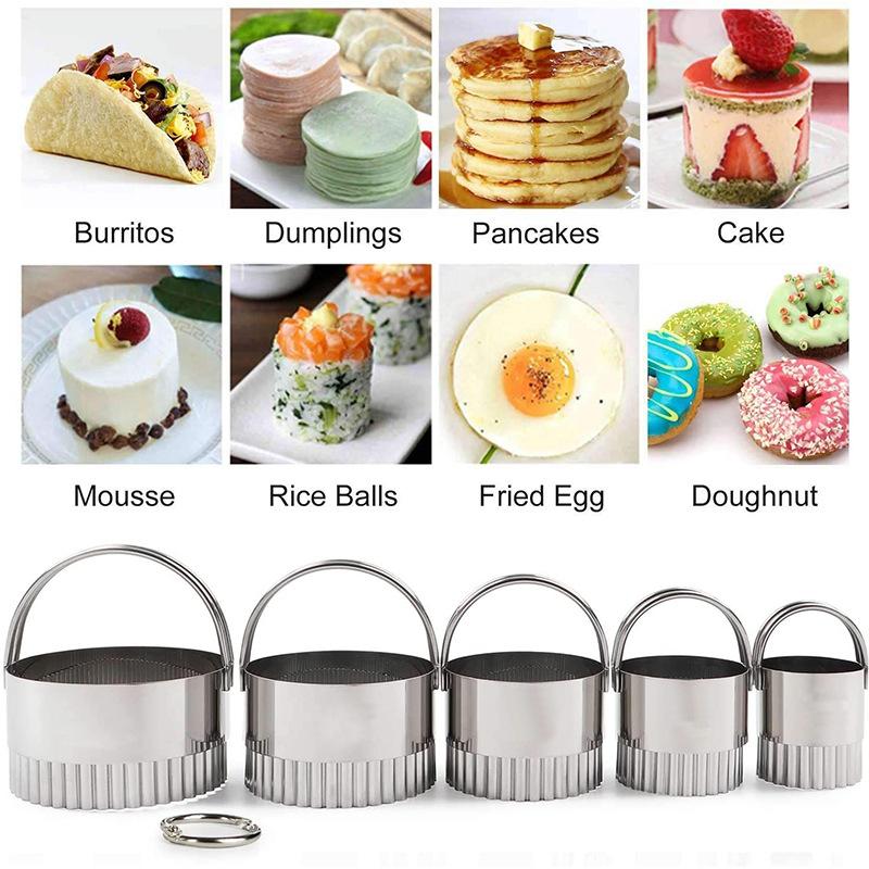 5 Pcs Set Stainless Steel Cake Mould Biscuit Cutters Round Waves Heart Shaped Stamp Embossing Moulds for Baking Decorating