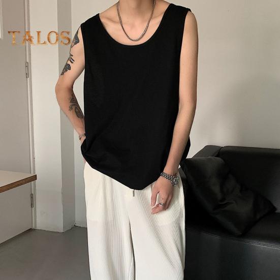 Men Vest Sleeveless Round Neck Solid Color Vest Loose Fit Casual Sport Tank Tops Streetwear Daily Wear