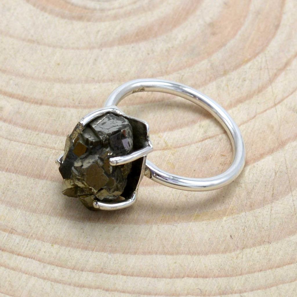 Pyrit 925 Sterling Silber Ring, roher Edelstein handgemachter Damen Boho Ring