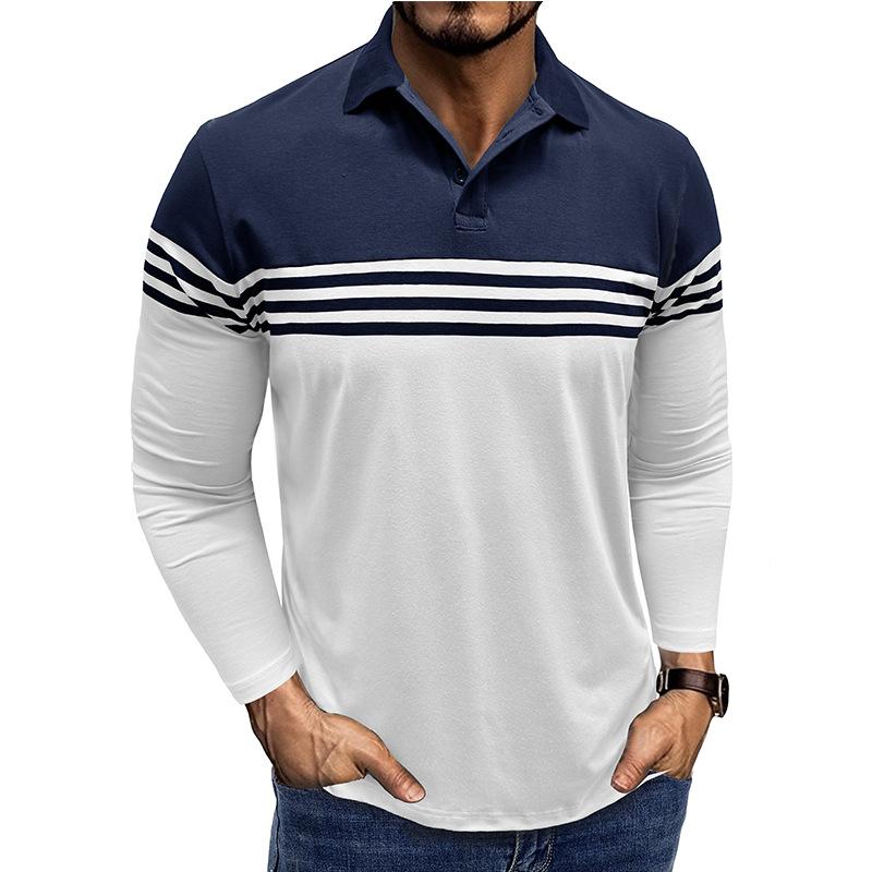 Herbst und Winter Herren Gestreift Bedrucktes Revers T-Shirt Kontrastfarbe Lässig Herren Langarm Poloshirt