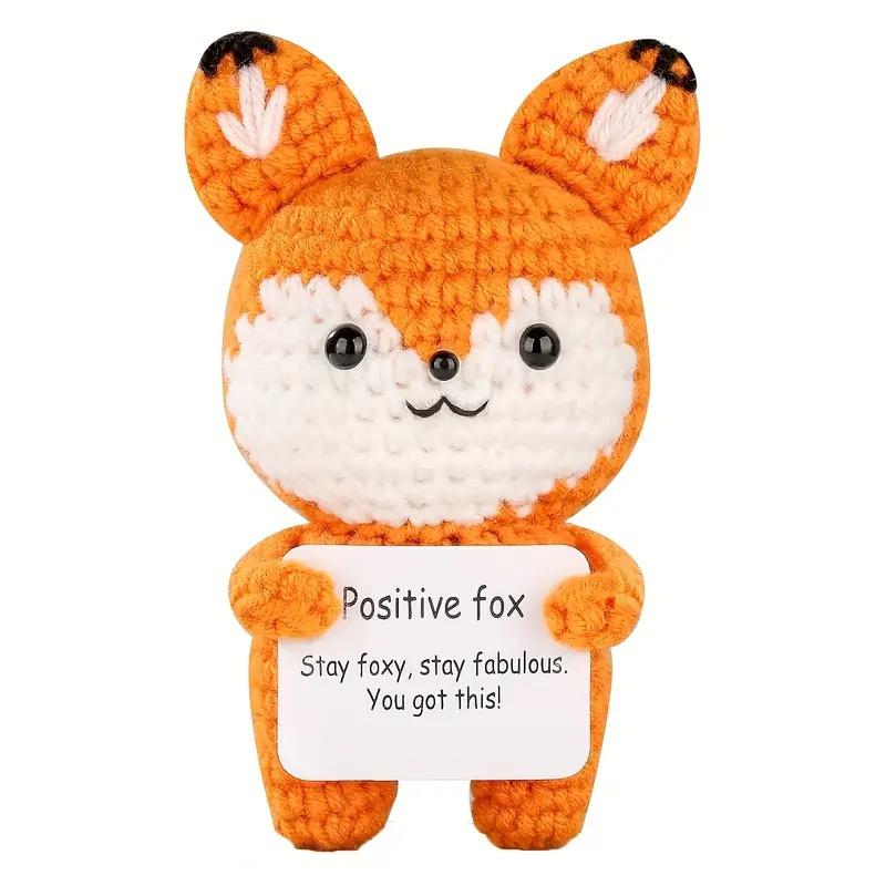 Handmade Crochet Positive Fox Figurine with Inspirational Message Card Cute Orange and White Knit Fox for Home Emotional Support