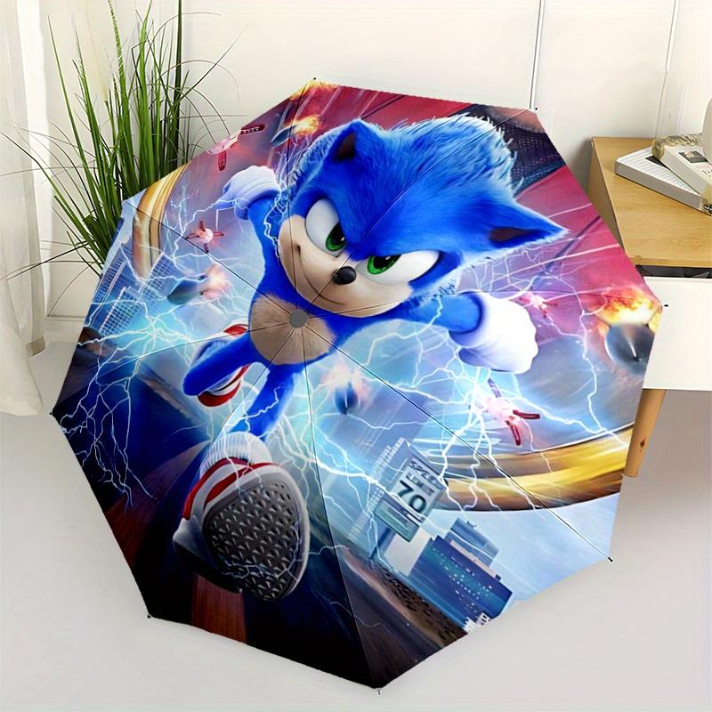 1pc Sonic the Hedgehog Automatic Folding Umbrella - Portable 3-Fold Design with 8-Bone Iron Frame, Outdoor, for Fans, Travelers, Daily Use, Gift