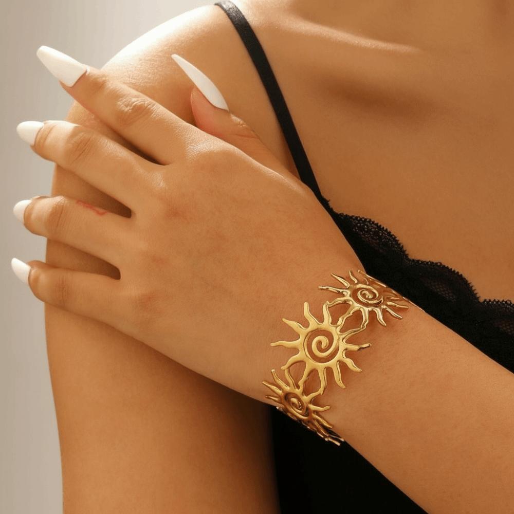 Gold Color Opening Bangles Wide Vintage Cuff Fashion Sun Bracelet Party