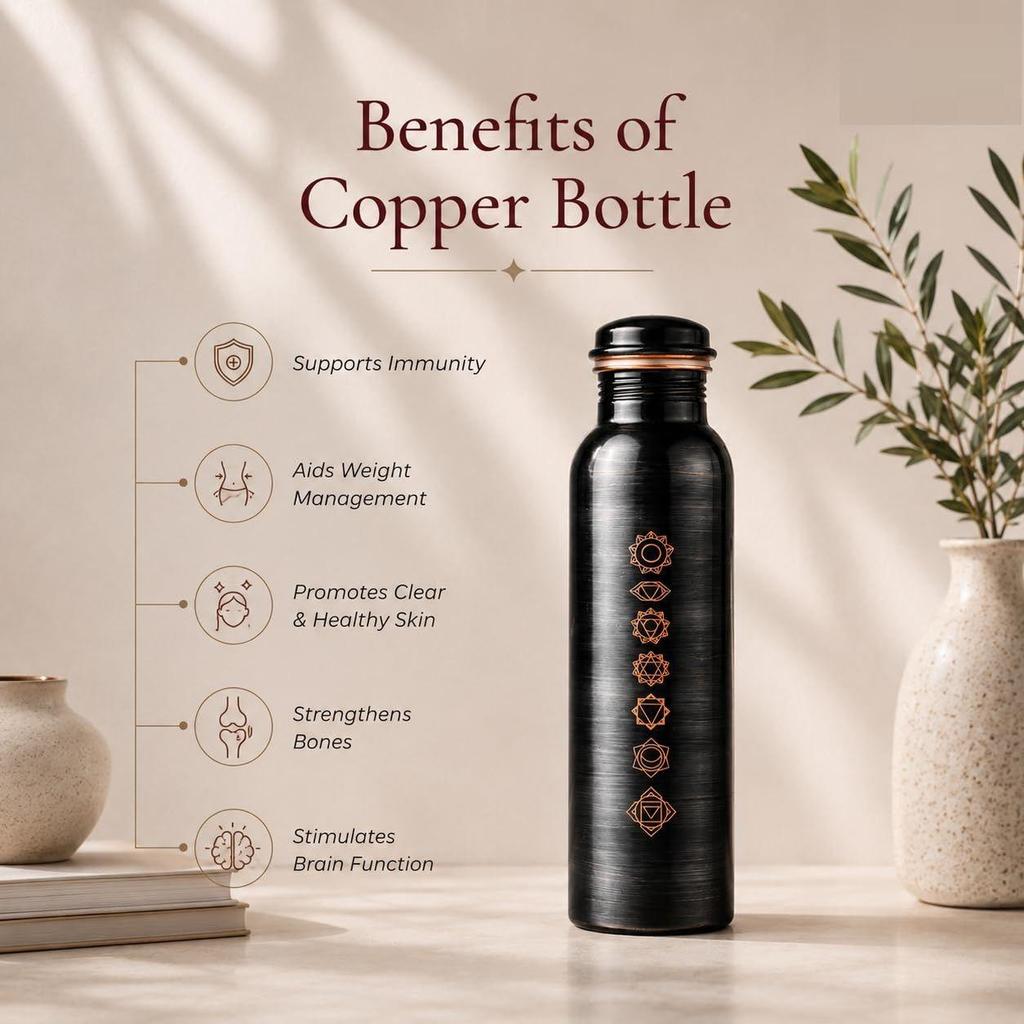 Pure Copper Water Bottle 1 Litre with Sacred (7 Chakras) Geometry Design | BPA Free & Leak Proof